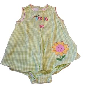 Child of Mine 18M Romper  Green White Flower "I like to smile" Snap Pink Bow